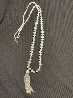 Saks Fifth Avenue Iridescent Crystal Bead Necklace with Silver Tassel